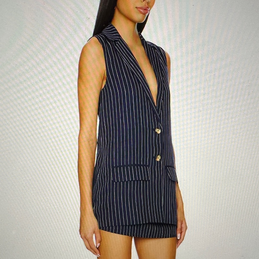 Long blue and white pinstripe vest set mini skirts set Zoe